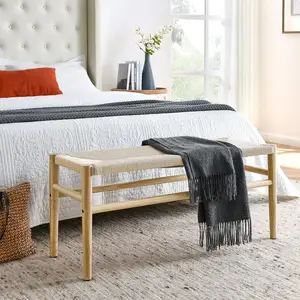 Trang trại gỗ lối vào băng ghế dự bị 39.5 "rộng Boho phòng ăn đồ nội thất phòng khách ghế với thủ công dệt dây hàng đầu