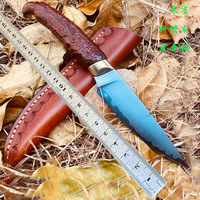 Couteau à lame fixe multi-usage en acier à trois composants avec manche en laiton et bois de santal et étui en cuir pour la chasse, le camping et l'EDC
