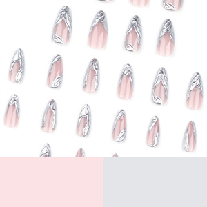 24 faux ongles en acrylique à presser, style minimaliste français 3D, couleur argent, forme stiletto, couvrance totale, avec colle, longueur moyenne - Product Image 3