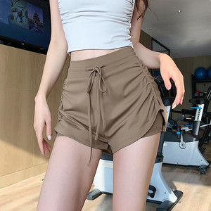 Pantaloncini da yoga da donna ad asciugatura rapida con coulisse, effetto due pezzi, per palestra e corsa - Product Image 1