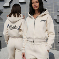 Ensemble sweat à capuche court zippé et jogging en molleton de coton biologique épais pour femme, ensemble deux pièces personnalisé