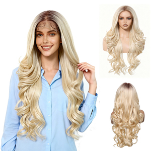 Perruque Lace Wig en fibre synthétique naturelle naturelle douce, mélange de couleurs, cheveux foncés haute densité, racines blondes 613 - Product Image 1
