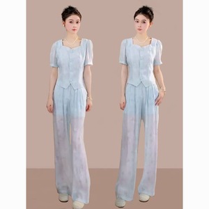 Women's Casual Two Piece Set Light Blue Chiffon Breathable Splicing Summer Suit - Product Image 1
