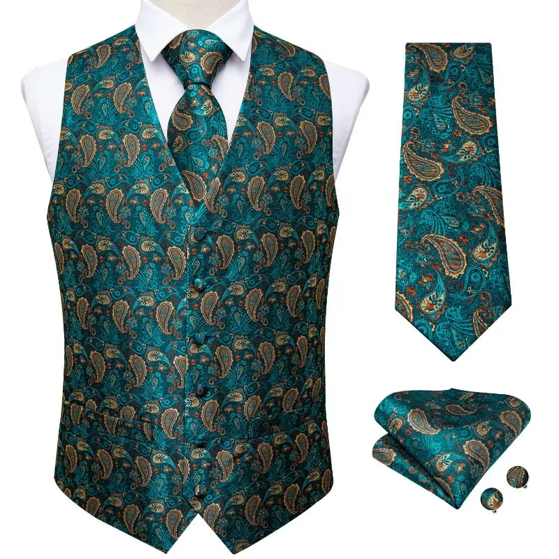 Classic Design Peacock Blue Gold Paisley cotton polyester Silk casual Men's Vest Tie Set for waiter journalist