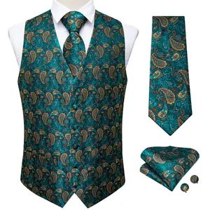 Diseño clásico azul Pavo Real de oro Paisley poliéster de algodón de seda de los hombres casuales chaleco corbata de camarero periodista