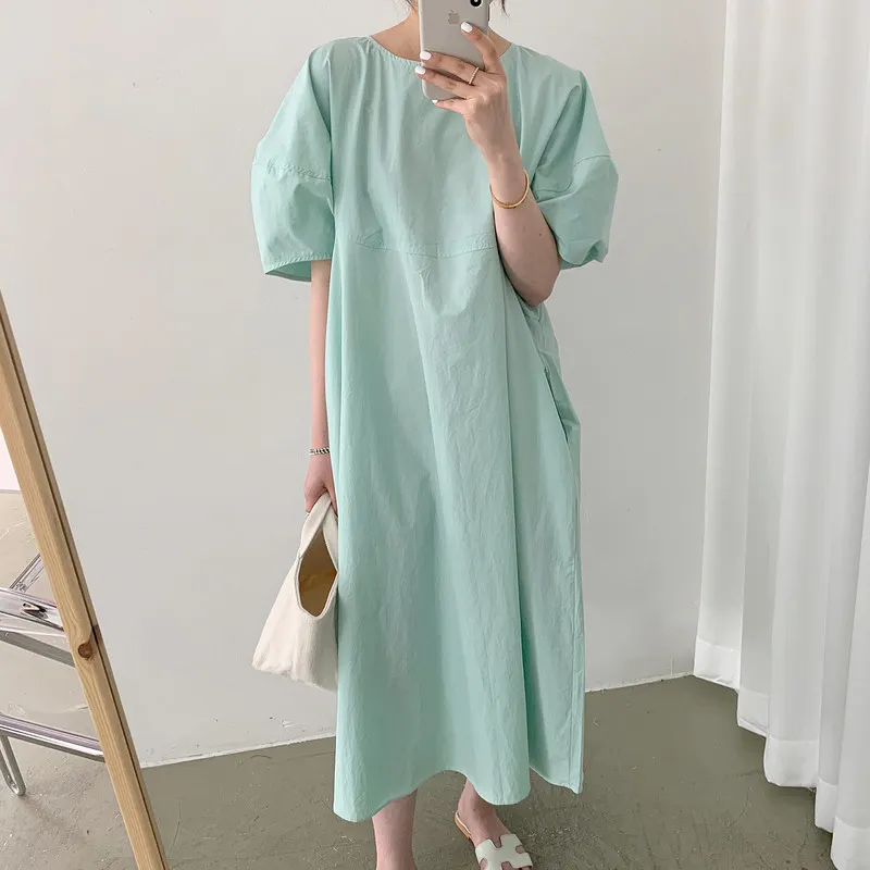 Wholesale Korean Style New 2022 Solid Color Cotton Fashion Casual Short Sleeve Round Neck Puff Sleeve Wild Women's Dress