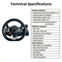 YJT-4SW2004 Volant de jeu PS4 7-en-1 pour ordinateur, support de jeu de course filaire noir