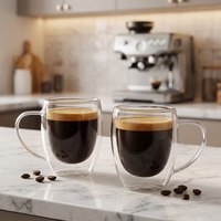 Tasse à café en verre borosilicate à double paroi, faite à la main, écologique, de haute qualité, transparente, avec poignée