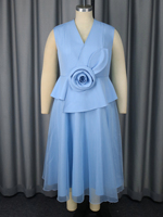 Robe Bleu Ciel AM050404 Évasée Grande Taille Femme Décontractée avec Fleurs 3D Sans Manches et Ourlet Basque en Tulle