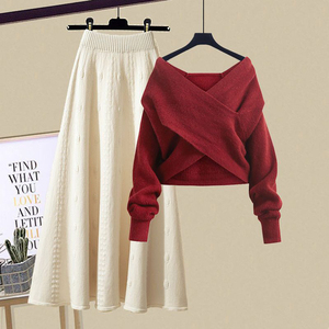 Nouvel ensemble de tricot pour femmes <span class=keywords><strong>Pull</strong></span> en tricot de <span class=keywords><strong>grande</strong></span> <span class=keywords><strong>taille</strong></span> Costume d'hiver à manches longues et col en V pour femmes Ensemble deux pièces pour femmes - Product Image 6