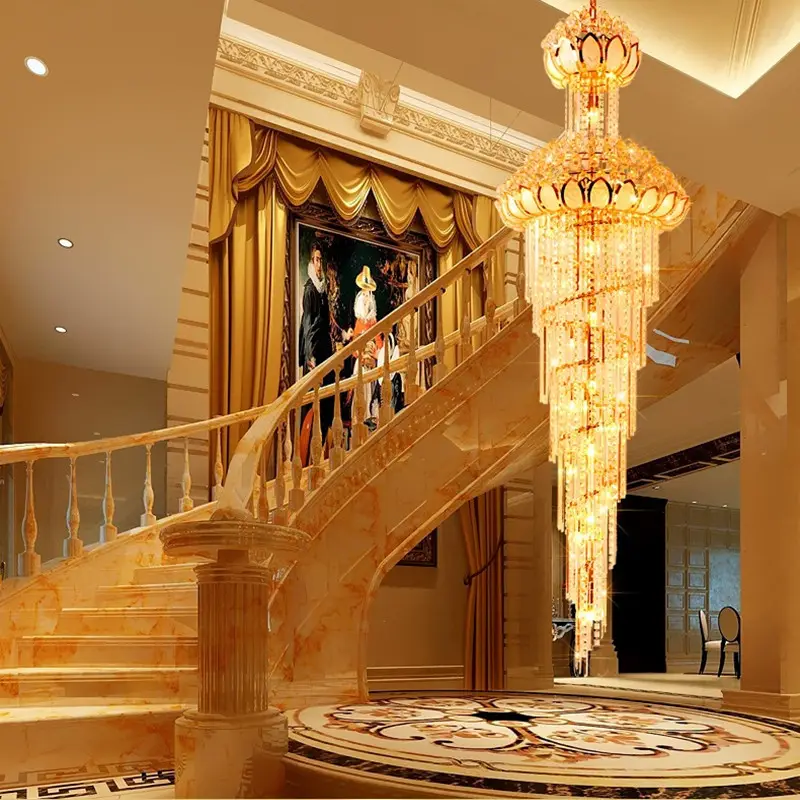 Modern altın uzun kristal merdiven lambaları otel Villa lüks yüksek avize tavan ışıkları