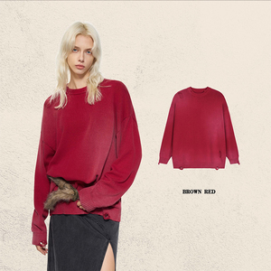 Pull en maille unisexe style streetwear américain 425G, délavé vintage, effet déchiré et troué, col rond, coupe oversize, pour usage quotidien - Product Image 2