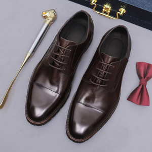 รองเท้าหนังแท้ทรงอิตาเลียนแบบสี่เหลี่ยมผูกเชือก ผลิตด้วยวิธี Goodyear Welted สีแดงไวน์ ทำด้วยมือ รองเท้าเดอร์บี้ รองเท้าทางการสำหรับธุรกิจ - Product Image 6