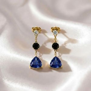Blue Sapphire Trillion Cut <b>Earrings</b> with Black Obsidian Gemstone Drop Elegant CZ Accent <b>Dangle</b> <b>Earrings</b> in Handmade Fine Jewelry - Product Image 2
