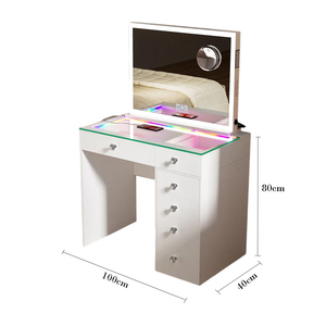 <span class=keywords><strong>Table</strong></span> de toilette moderne blanche avec bande lumineuse LED RGB, plateau en verre, 5 tiroirs, boutons en cristal, bureau de maquillage avec miroir LED tactile pour chambre à coucher - Product Image 5
