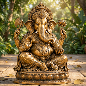 Scultura Artigianale Tradizionale Indiana in Bronzo Dorato del Signore Ganesha, Statuetta Religiosa per Arredamento Casa e Regalo - Product Image 5