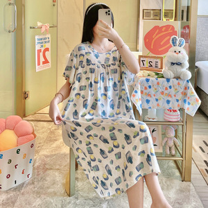 Robe de nuit pour femmes, <span class=keywords><strong>grande</strong></span> <span class=keywords><strong>taille</strong></span>, douce, col rond, manches courtes, longue, imprimé tendance, pyjama ample pour dames - Product Image 5