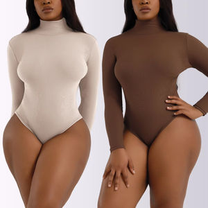 Col haut Jersey <span class=keywords><strong>string</strong></span> body femmes sans couture côtelé à manches longues <span class=keywords><strong>pull</strong></span> ventre contrôle hauts Corset combinaison sous-vêtements - Product Image 1