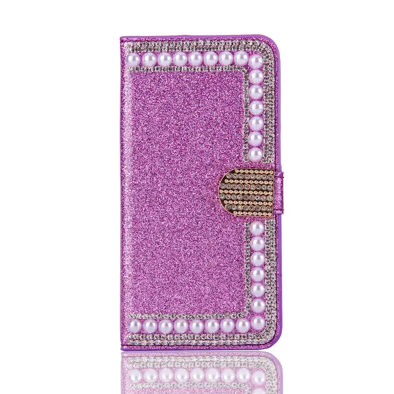 Delle donne delle ragazze Bling del Rhinestone Della Perla Del Raccoglitore Lucido Fessura Per Carta Del Raccoglitore di Vibrazione Caso Della Copertura del Cuoio Per il iphone X XS MAX XR 5S 6 7 8 PIÙ