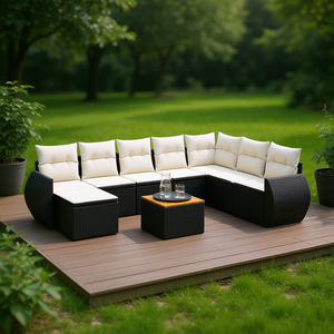 Conjunto de Sofá de Jardín Negro y Crema con Ratán PE Resistente a los Rayos UV, Muebles de Exterior de Diseño Contemporáneo, Cojines Impermeables - Product Image 2