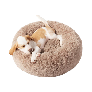 Cama calmante para mascotas Donut, lavable, de 23 pulgadas, antideslizante, esponjosa, de piel sintética de felpa para perros pequeños, gatos grandes de hasta 25 libras, Color camello - Product Image 1