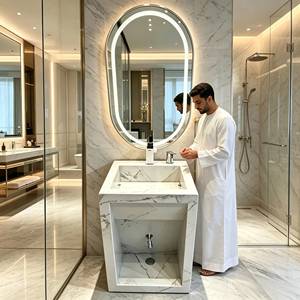 Lavabo a Colonna in Marmo Artificiale <span class=keywords><strong>per</strong></span> Progetti Alberghieri, Lavabo da Terra in Pietra con Superficie Solida e <span class=keywords><strong>Specchio</strong></span> LED - Product Image 1