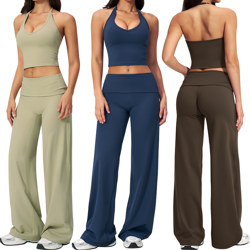 TZ5529-4 Fitness Sets Halter Neck Beautiful Back Womens Running Yoga Top Ruched Butt Lifting Slim Flare Pants Gym Yoga Sets