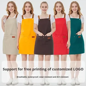 Customizable 100% Cotton Canvas Bib Double Pocket Waterproof Oil-Proof Brown Sleeved <b>Apron</b> with Embroidered Logo Multiple Colors - Product Image 4