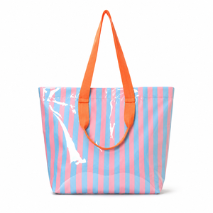 Sac fourre-tout en PVC rayé pour femmes, avec doublure en polyester, imperméable, grande capacité, détails brodés, pour femmes - Product Image 3