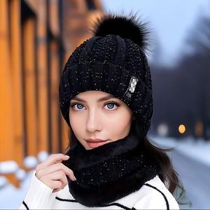 Wholesale Warm Winter Skullies Knitted <b>Hat</b> <b>Women</b> Brand High Quality Ball Ski Wool <b>Fur</b> Pompoms <b>Hats</b> Scarf - Product Image 1