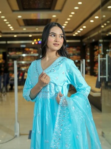 ชุด anarkali kurti ผ้าฝ้ายแท้ปักลายสีเทอร์ควอยซ์และสีฟ้าเทอร์ควอยซ์ที่สวยงามดีไซน์ไม่เหมือนใครขายส่ง - Product Image 4