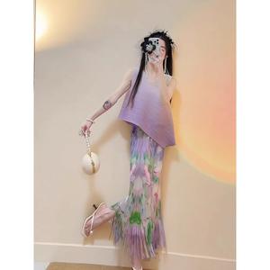 Robe d'été mi-longue décontractée avec motif floral dégradé violet tissé taille naturelle Logo sur le devant-Light Mature Non-Collision Wear - Product Image 3