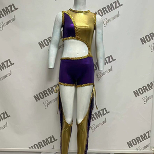 ダンスチームマジョレット-ユニフォーム衣装女性KIdダンスウェアスパンコールとフリンジ付きマジョレットダンスユニフォームパープルゴールド - Product Image 4