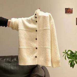 Dalang Sweater Factory White High Neck Long Sleeve <b>Cardigan</b> For Women Loose Knitted Top Anti Pilling - Product Image 1