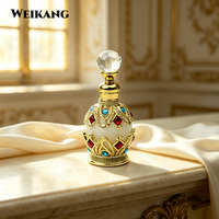 Flacon compte-gouttes en verre vintage orné de bijoux, flacon d'huile de parfum avec strass rouges et bleus et couvercle en boule de cristal