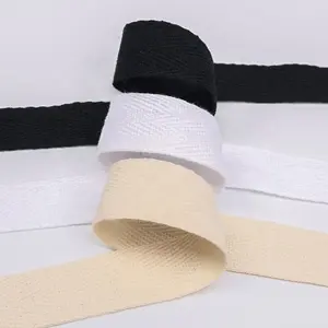 Herringbone Belt Webbing Tape 60S Yarns White and Black 100% Organic Cotton for Bag and Garment Woven Cotton Webbing