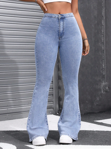 Jeans évasés <span class=keywords><strong>bleu</strong></span> clair taille haute coupe ajustée pour <span class=keywords><strong>femme</strong></span>, design décontracté en tissu denim lavable, méthode de tissage - Product Image 3