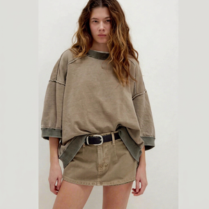 Women's Vintage Washed Crewneck Sweatshirt Three Quarter Drop Shoulder <b>Top</b> - Product Image 1