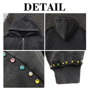 Custom Logo Solid Color Heavyweight Washed Hoodies 100% Cotton Sweatshirt Custom Streetwear Rhinestone Zip Hoodie - Product Image 6