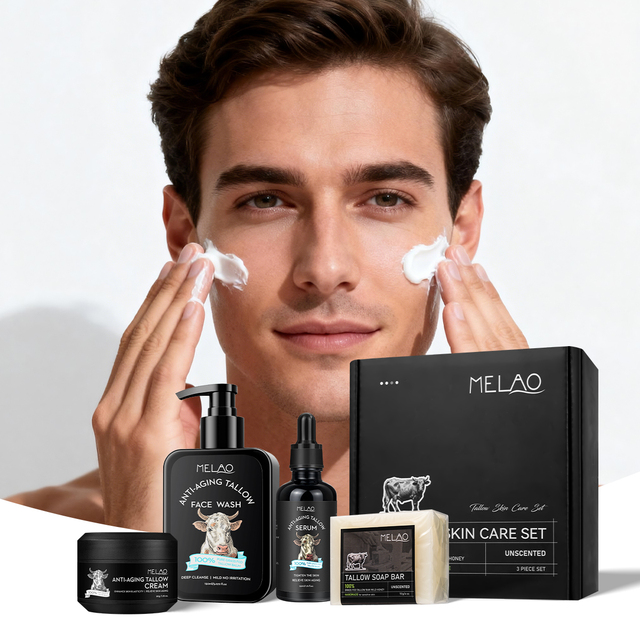 Private Label OEM Moisturizing Beef Tallow Skincare Cream Serum Cleanser Soap Kit 4 in 1 Men's Daily Use Skin Care Set