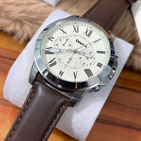 Montre chronographe classique rétro pour homme, bracelet en cuir marron, chiffres romains, cadran blanc, étanche, mouvement à quartz FS.
