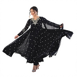 Vestido Tradicional Bordado Negro Largo Hasta el Suelo para Mujer, Corte Holgado, Estilo Indio Pakistaní para Fiestas - Product Image 1