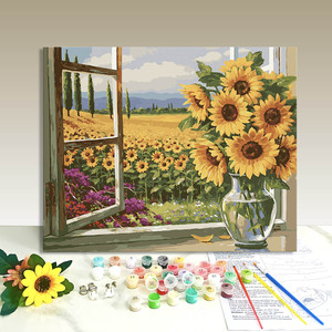 Kit de Pintura por Números sobre Lienzo, Campo de Girasoles con Vista a la Ventana, Estilo Pastoral Rectangular, Impresión Digital Hecha a Mano, Arte Floral DIY - Product Image 1