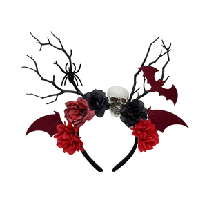 Diadema de Halloween con cuernos, calavera, rosa, murciélago, araña, rama floral gótica, bandas para el cabello rojas y negras para cosplay y fiestas de disfraces - Product Image 1