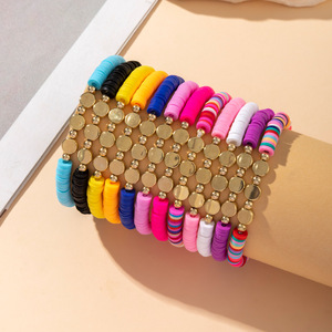 Bohemian Polymer <b>Clay</b> Beaded Elastic Bracelet <b>Set</b> Multi Layer Heart Shape Women Gift Jewelry Fashion Accessories Yiwu Origin - Product Image 3