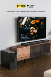 Barre de son 2.1 canaux 120W avec caisson de basses 8 pouces, système de haut-parleurs home cinéma sans fil Dolby Audio pour TV, vente en gros HT-388D - Product Image 2