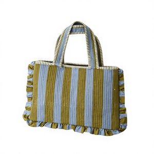 Style De Maison <b>Corduroy</b> Striped Block Printed Zipper Closure Vintage Style Shopping Tote <b>Bag</b> Tassels for Women All Seasons - Product Image 1