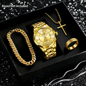 Ensemble de montres et bijoux en acier inoxydable plaqué or pour homme, avec bracelet et croix, idéal pour les affaires et comme <span class=keywords><strong>cadeau</strong></span>. - Product Image 1
