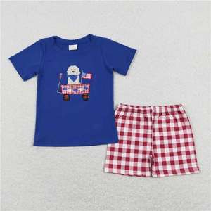 Top Azul Boutique para el 4 de Julio con Bordado de Bandera Americana y Carrito para Perros, Ropa Infantil a Juego para Hermanos - Product Image 2