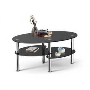 Double Layer Oval Tempered Glass Coffee Table <b>Black</b> Modern Living Room Furniture Durable Elegant Metal <b>Frame</b> - Product Image 1